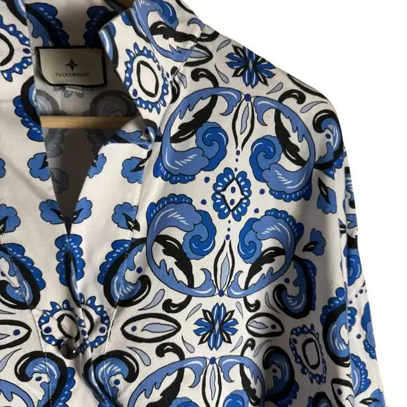 Tuckernuck Majolica Tile Print Blue White Relaxed Coastal Tunic Top Size XS - Picture 7 of 12